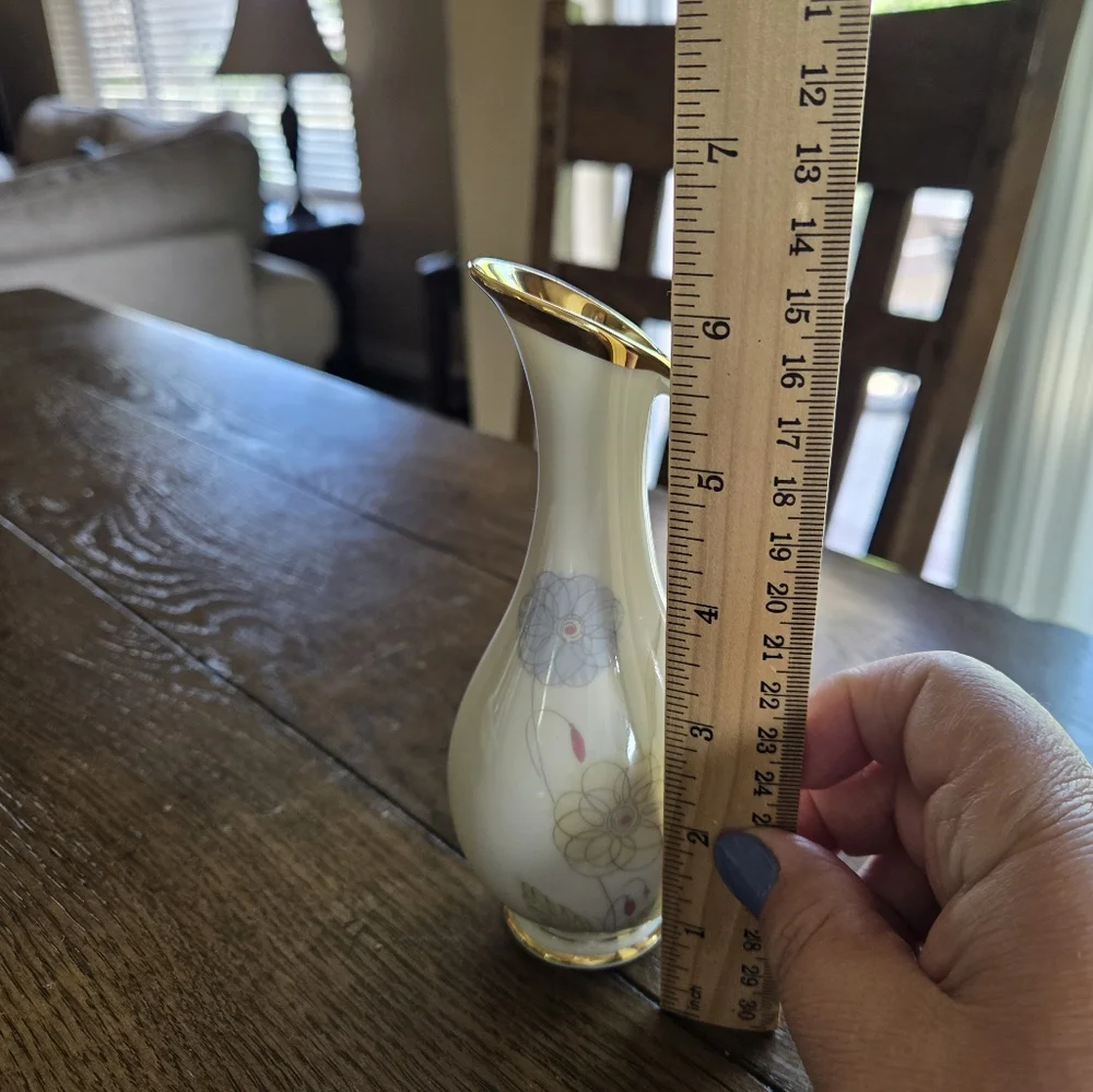 Mid Century Asymetic Floral Vase With Handle Floral With Gold Trim